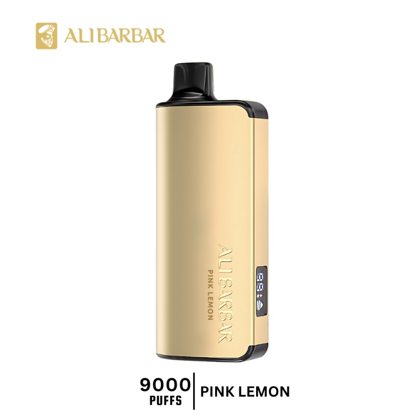 Gold disposable vape pen with black mouthpiece, ALIBARBAR branding, side button; labeled 9000 puffs, Pink Lemon flavor