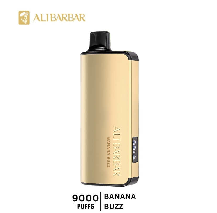 Gold disposable vape device with Banana Buzz branding and 9000 puffs capacity, black mouthpiece edge.