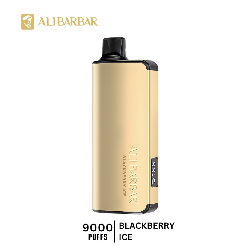 Gold-colored vape device with black mouthpiece, brand ALIBARBAR, labeled 'BLACKBERRY ICE' and '9000 PUFFS'