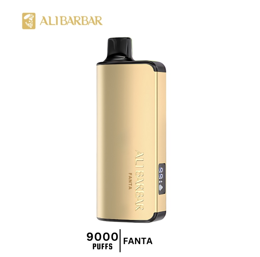 Gold vape pod/mod with a black mouthpiece, standing upright; branding reads ALIBARBAR FANTA and 9000 PUFFS FANTA.