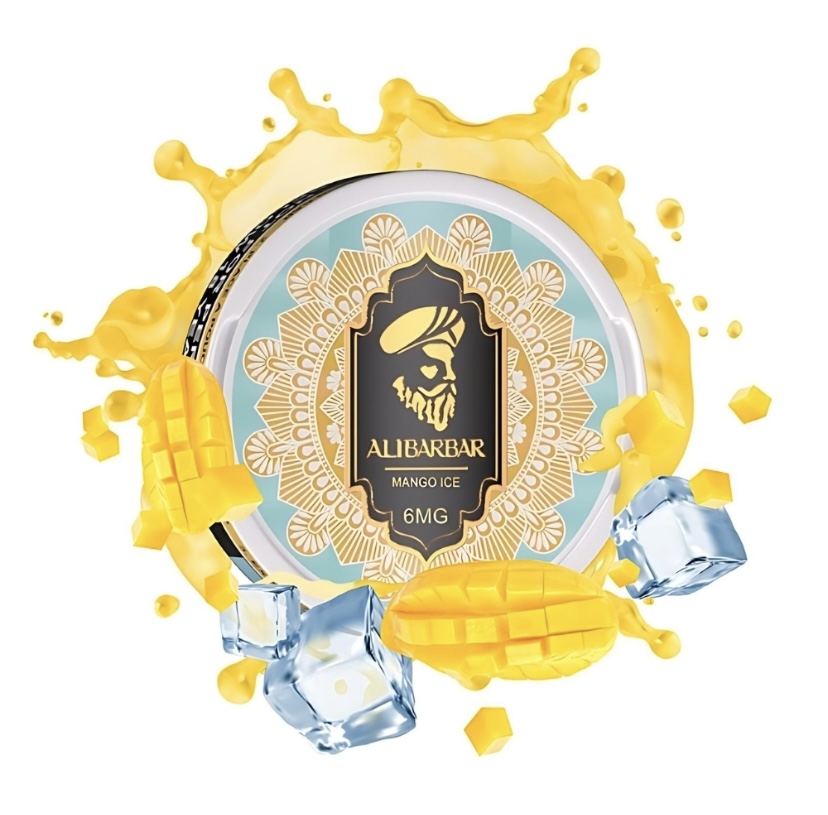 Circular Product Label for Alibarbar Mango Ice Surrounded by Mango Chunks and Ice Cubes - Australia E-cigarette Store