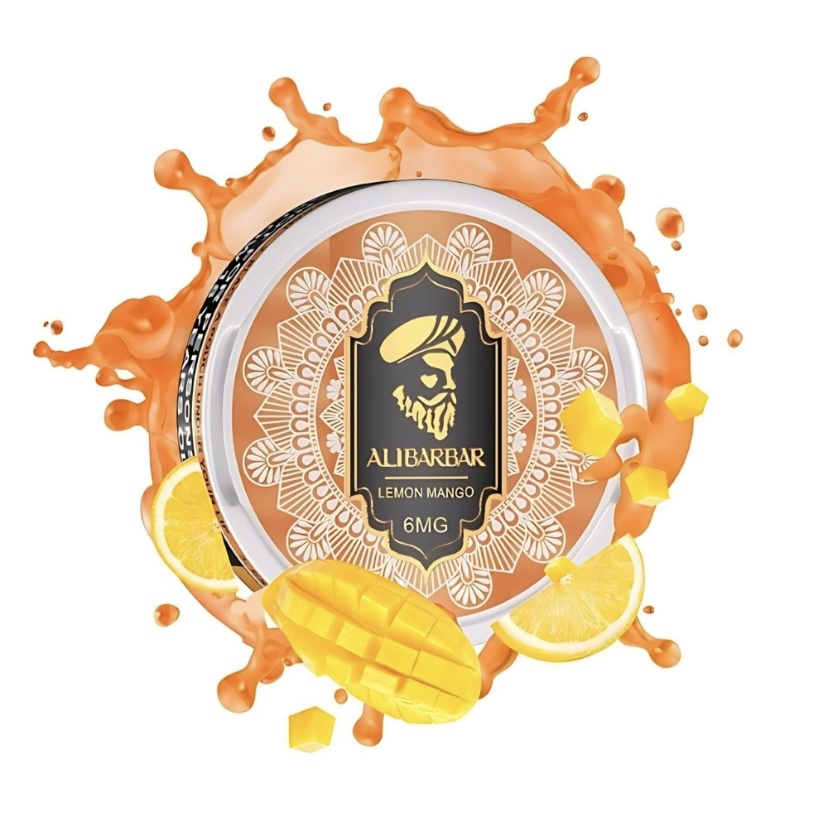 Round Tin Label for Alibarbar Lemon Mango 6mg Vape Juice with Orange Splash and Mango Pieces Around It - Australia E-cigarette Store