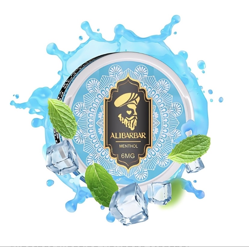 Alibarbar Menthol 6mg E-liquid Label with Blue Mandala Mint Leaves and Ice Cubes Surrounding It - Australia E-cigarette Store