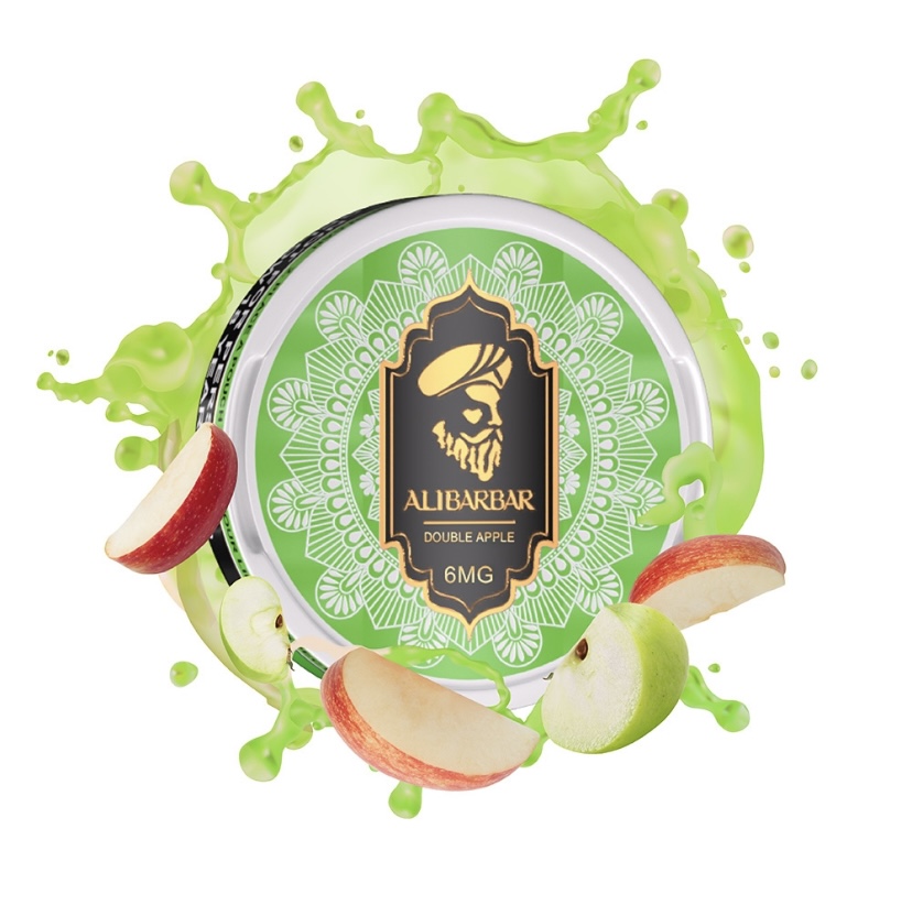 Alibarbar Double Apple Product Label with a Green Mandala Design and Apple Slices Around the Lid - Australia E-cigarette Store