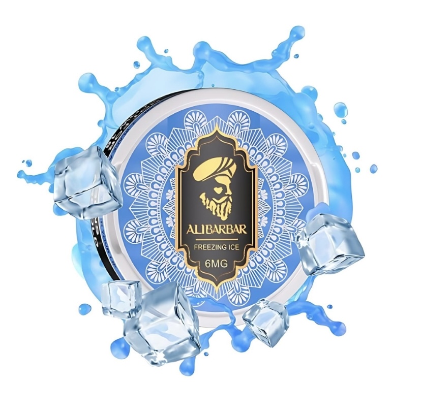 Product Image of Alibarbar Freezing Ice 6mg Can with a Blue Circular Label and Ornate Pattern Surrounded by Ice Cubes and Splashes - Australia E-cigarette Store