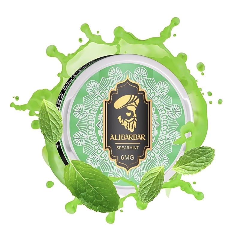 Round Tin with a Green Ornate Label Reading alibarbar Spearmint Surrounded by Mint Leaves and Bright Green Splash - Australia E-cigarette Store