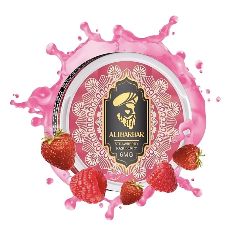 Round Vape-juice Can Labeled with a Pink Decorative Design Flavor Strawberry Raspberry Surrounded by Strawberries Raspberries and Pink Splash - Australia E-cigarette Store