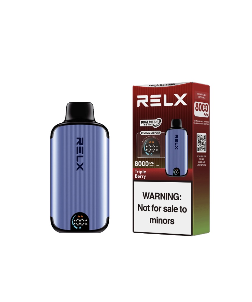 Blue Relx Vape Pod Device with Black Mouthpiece Next to Its Packaging Showing a Child-freeminor Warning Text - Australia E-cigarette Store