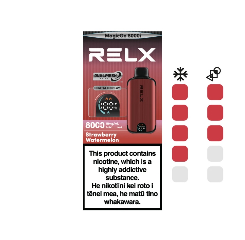Relx Vape Kit Packaging Showing a Red Device Flavor Strawberry Watermelon and a Large Nicotine Warning Label on the Front Image - Australia E-cigarette Store