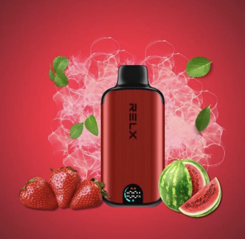 Red Relx Vape Device Surrounded by Strawberries and Watermelon Slices on a Pink Background with Pink Vapor Swirls - Australia E-cigarette Store