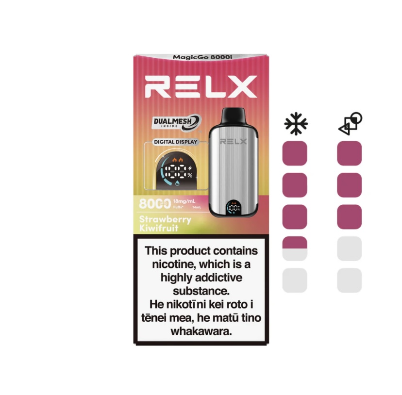 Relx Vape Pod Packaging with Device Image Pink Gradient Design Flavor Strawberry Kiwifruit and a Nicotine Warning Label - Australia E-cigarette Store