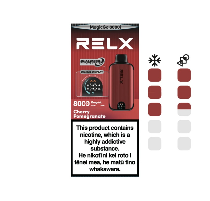Relx Vape Pod Kit Packaging with Cherry Pomegranate Flavor and a Bold Warning Label at the Bottom nicotine Product - Australia E-cigarette Store