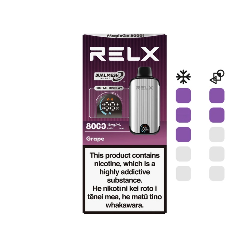 Relx Vape Kit with Purple Grape Flavor Packaging and a Silver Device Plus a Prominent Nicotine Warning Label on the Bottom - Australia E-cigarette Store
