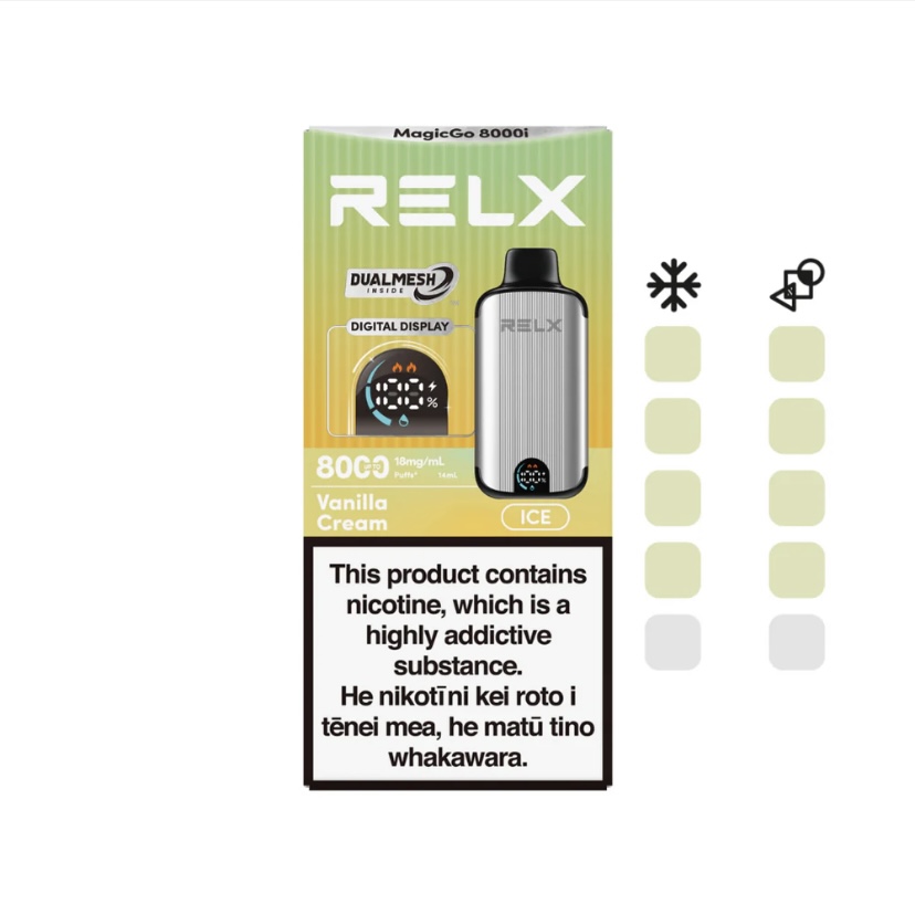 Relx Vape Pod Kit in Green Packaging with a Silver Device Flavor Vanilla Cream and a Large Nicotine Warning Label on the Bottom of the Box - Australia E-cigarette Store