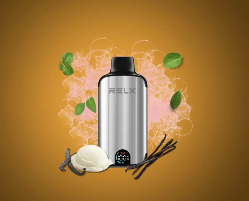 Silver Relx Vape Device with Black Mouthpiece Surrounded by Vanilla Ice Cream Vanilla Beans and Mint Leaves on an Orange Background Suggesting Vanilla Flavor - Australia E-cigarette Store
