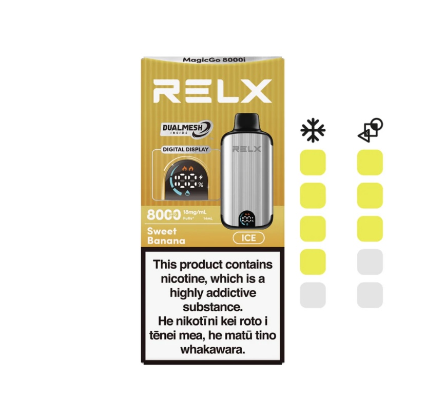 Relx Vape Packaging Orange Box with Device Image Flavor sweet Banana and Nicotine Warning Label - Australia E-cigarette Store