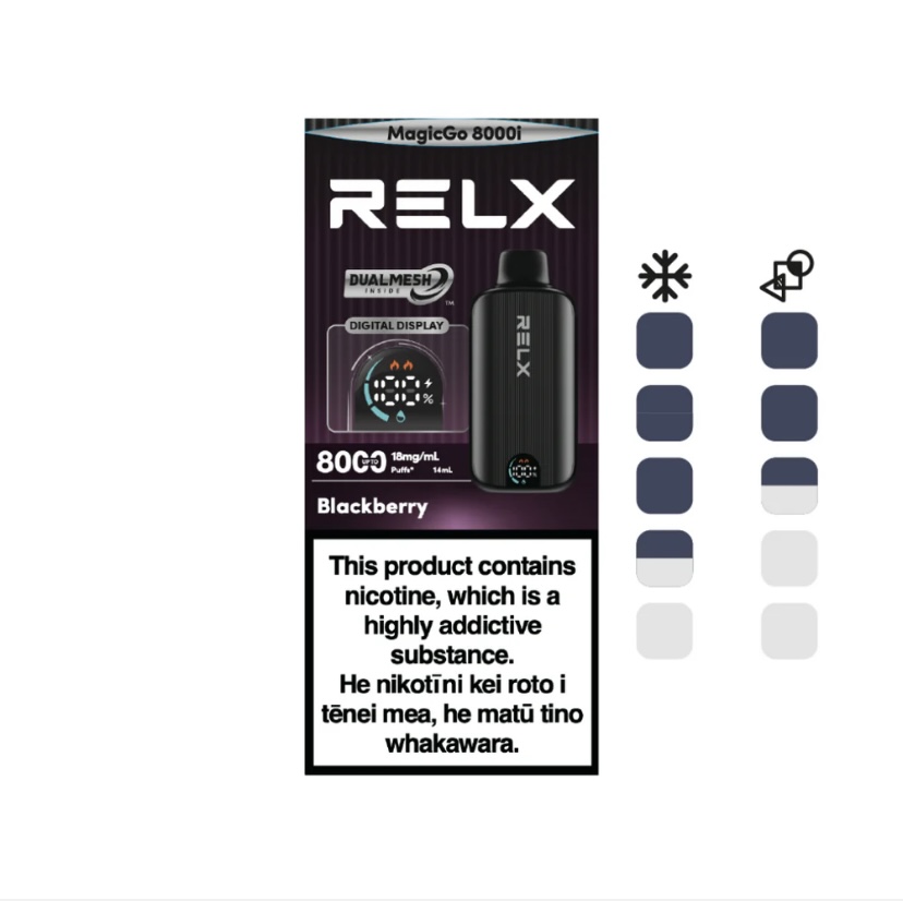 Relx Vape Pod Box Labeled Blackberry with a Digital Display Graphic and a Nicotine Warning - Australia E-cigarette Store