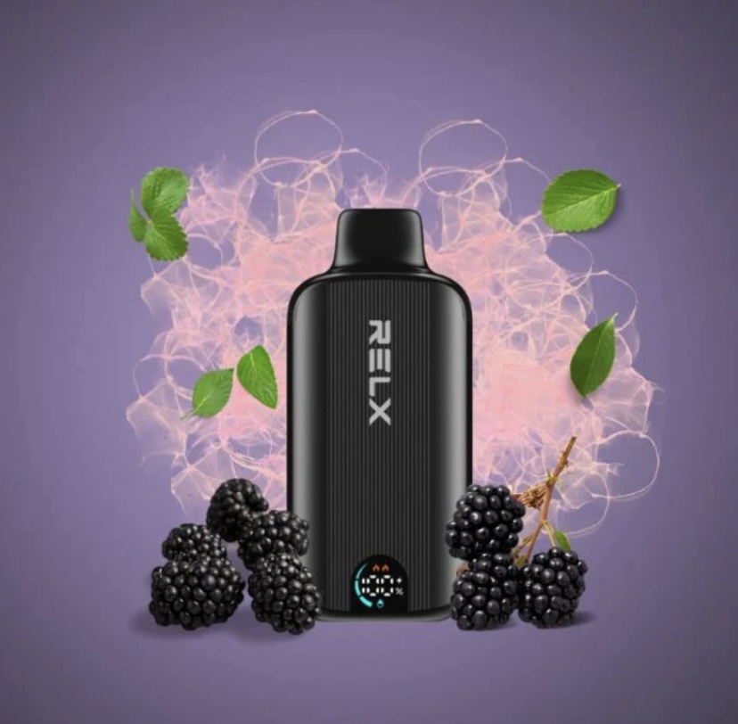 Relx Vape Device Centered with Blackberries and Green Leaves Against a Purple Abstract Background Suggesting a Blackberry Flavor - Australia E-cigarette Store