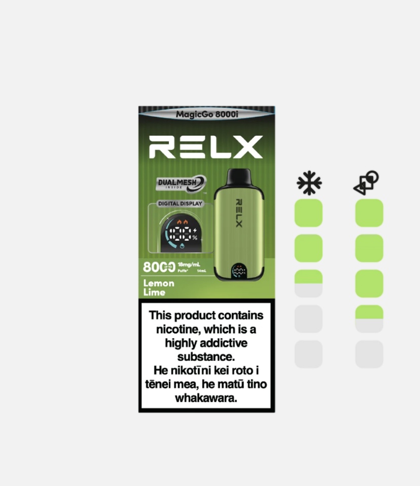 Product Packaging for Relx 8000i Lemon Lime E-cigarette with Nicotine Warning Label Visible on Bottom - Australia E-cigarette Store