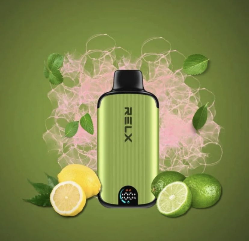Green Relx Vape Device with Lemon and Lime Fruits Citrus-flavored Advertising Image Against a Green Background - Australia E-cigarette Store