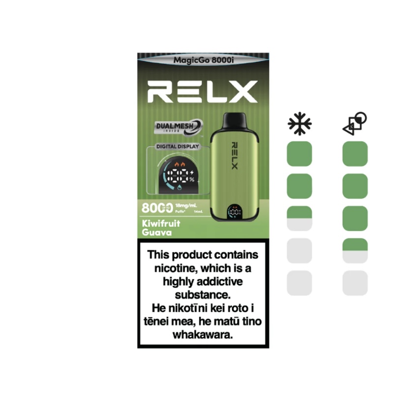 Relx Vape Packaging Showing a Green Device with Kiwi Fruit Guava Flavor and a Nicotine Warning Label at the Bottom - Australia E-cigarette Store