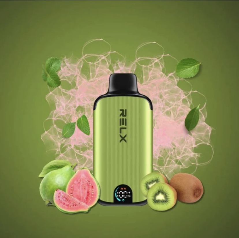 Green Vape Device with Fruit-flavor Accents guava and Kiwi Surrounded by Fresh Fruit Slices Against a Green Background Conveying a Fruity Vaping Experience - Australia E-cigarette Store