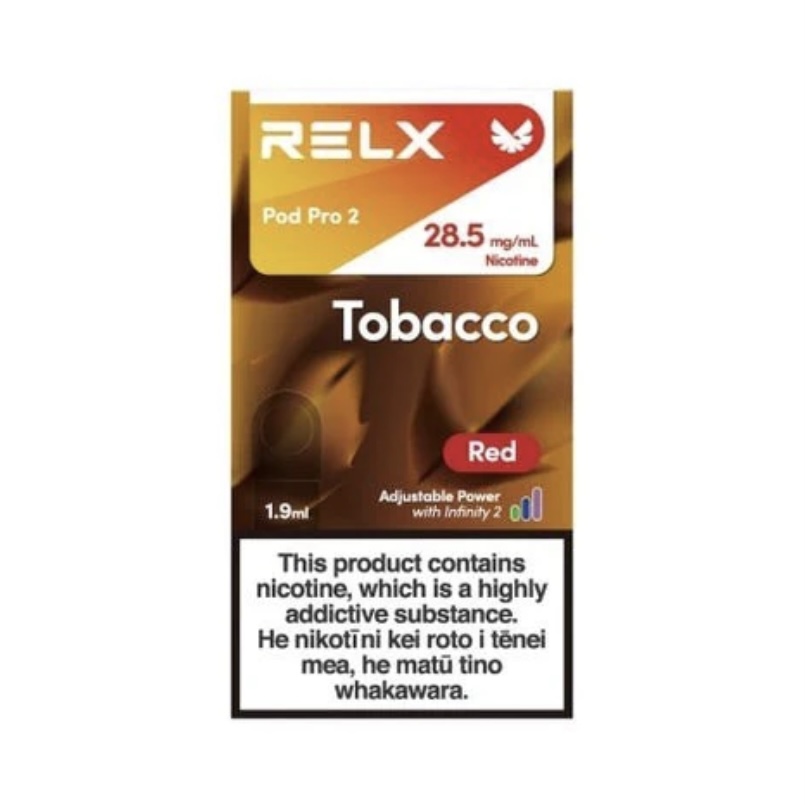 Relx Pod Pro 2 Tobacco Red Package Showing Nicotine Strength 285 Mgml and 19 Ml Capacity with a Bold Warning Label at the Bottom - Australia E-cigarette Store