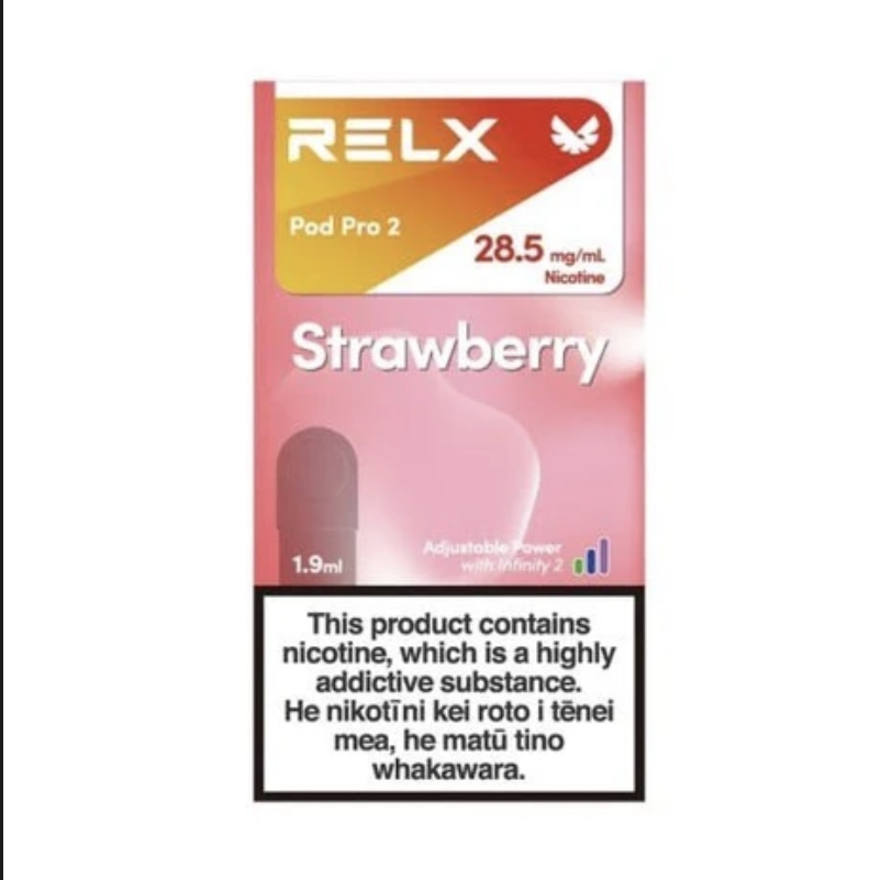 Relx Pod Pro 2 Strawberry Vape Packaging in a Pink Gradient Showing a 19 Ml Pod and Nicotine Strength 285 Mgml with a Bold Warning Label - Australia E-cigarette Store