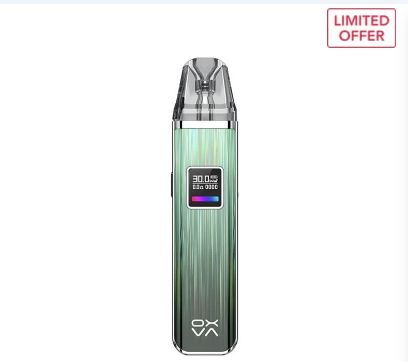 Sleek Green Gradient Vape Pod with a Transparent Mouthpiece and a Small Digital Display on the Front with a limited Offer Badge in the Top-right Corner - Australia E-cigarette Store