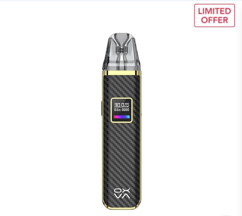 Vape Pen with Black Carbon-fiber Body and Gold Trim Display Screen in the Middle Labeled Limited Offer in Top-right Corner - Australia E-cigarette Store
