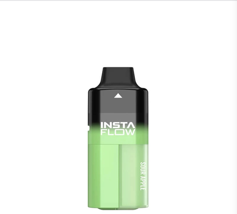 Green and Black Disposable Vape Pod Standing Upright with insta Flow Branding and sour Apple Flavor Text on a Lime-green Body - Australia E-cigarette Store