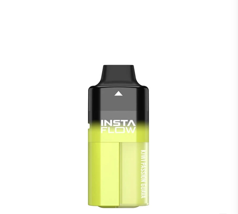 Bright Yellow Disposable Vape Device with a Black Mouthpiece and insta Flow Label on the Body Standing Upright - Australia E-cigarette Store
