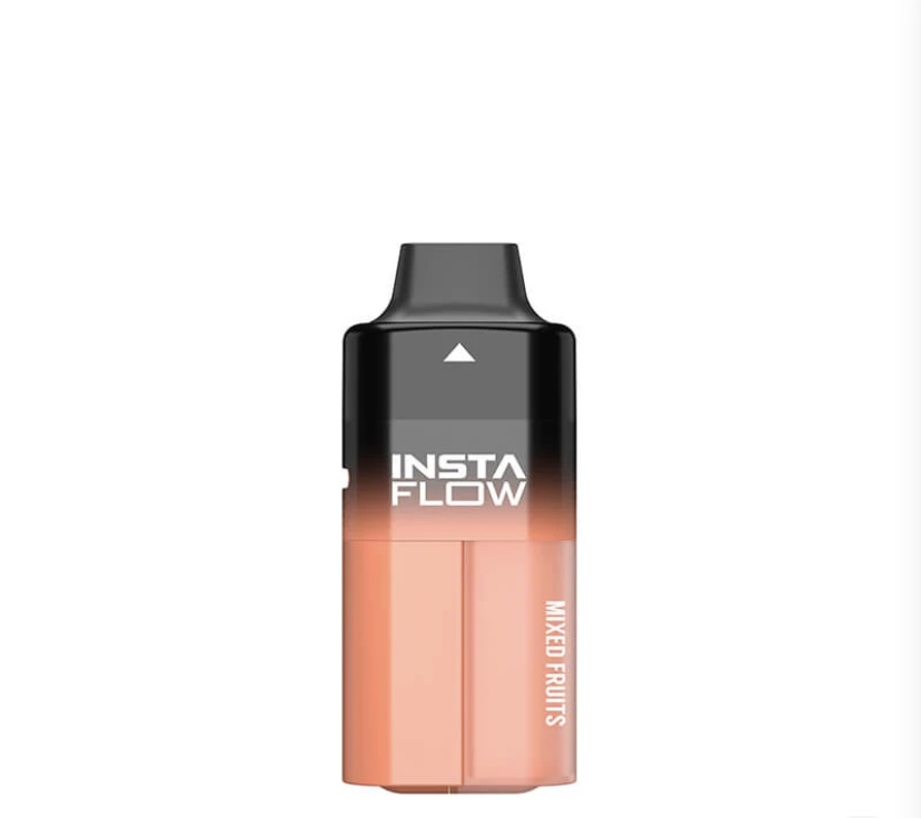 Orange-pink Disposable Vape Pod with Black Top Labeled Insta Flow Flavor Mixed Fruits Against a White Background - Australia E-cigarette Store