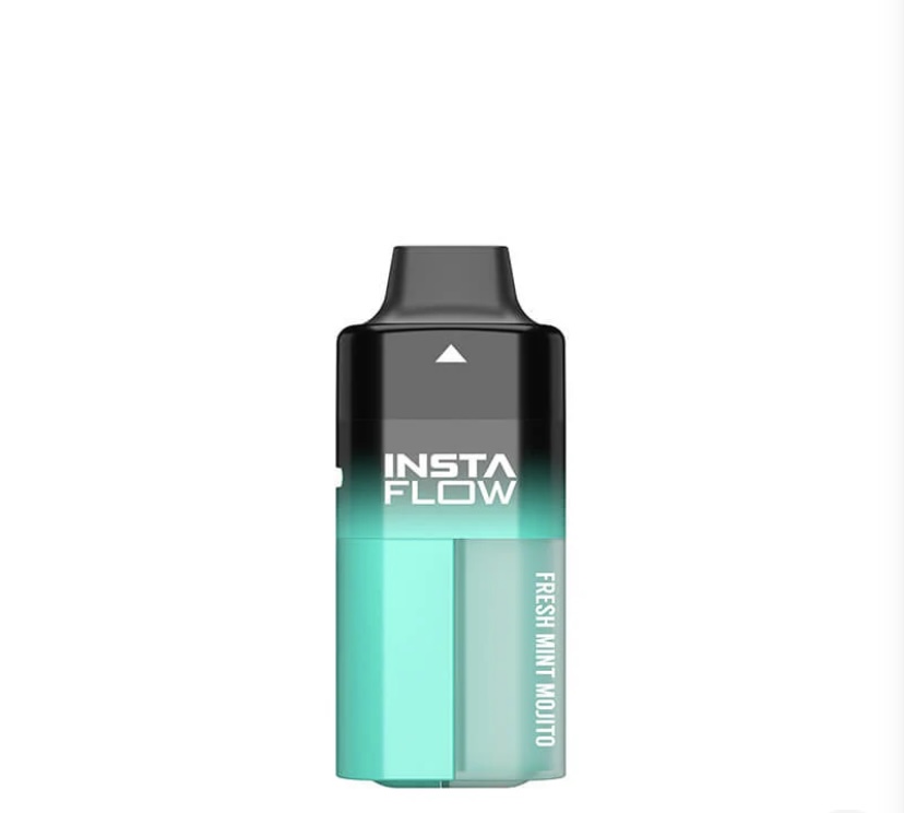 Disposable Vape Pod Labeled Insta Flow in Fresh Mint Mojito Flavor Teal-to-black Gradient with a Mouthpiece at the Top and a Small Triangular Indicator Bar at the Top - Australia E-cigarette Store