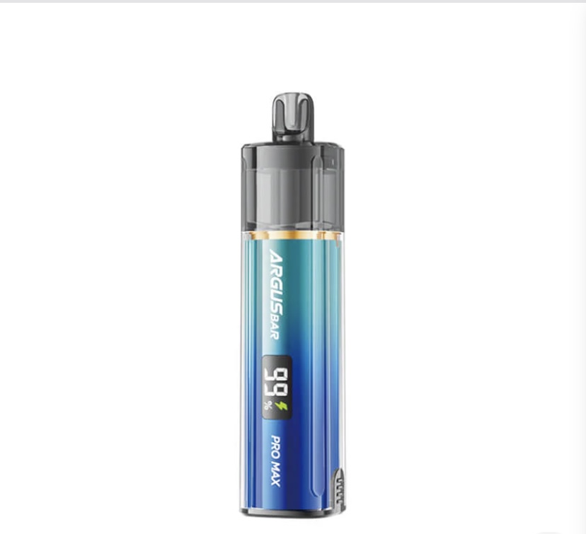 Blue gradient Argus Pro Max pod vape with black mouthpiece and digital display showing charge level (99%).