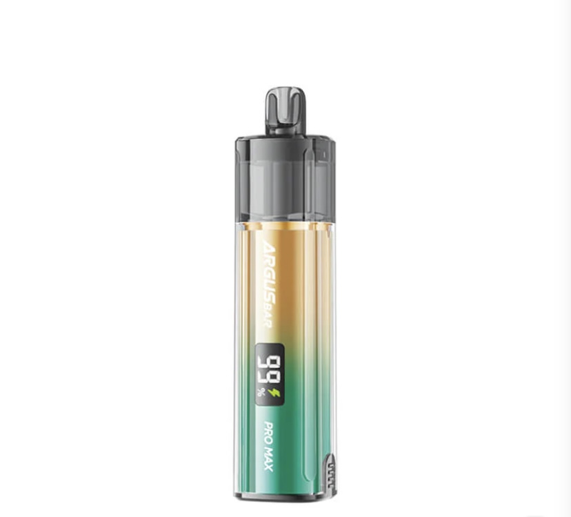 Disposable vape pen with a gray mouthpiece and clear body showing amber liquid and gradient teal to green color.