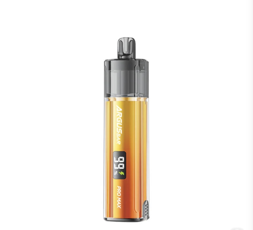 Orange and Silver Argus Bar Pro Max Disposable Vape with a Gray Mouthpiece Standing Upright Against a White Background - Australia E-cigarette Store