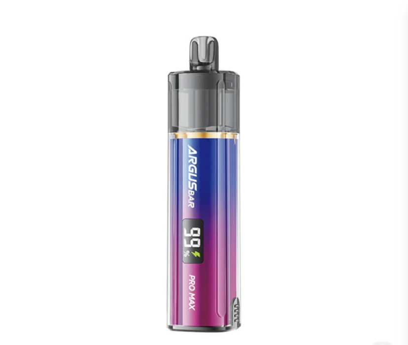 Argus Bar vape pen with a gradient blue-to-pink body and a black mouthpiece at the top, labeled PRO MAX and ARGUS BAR on the side.