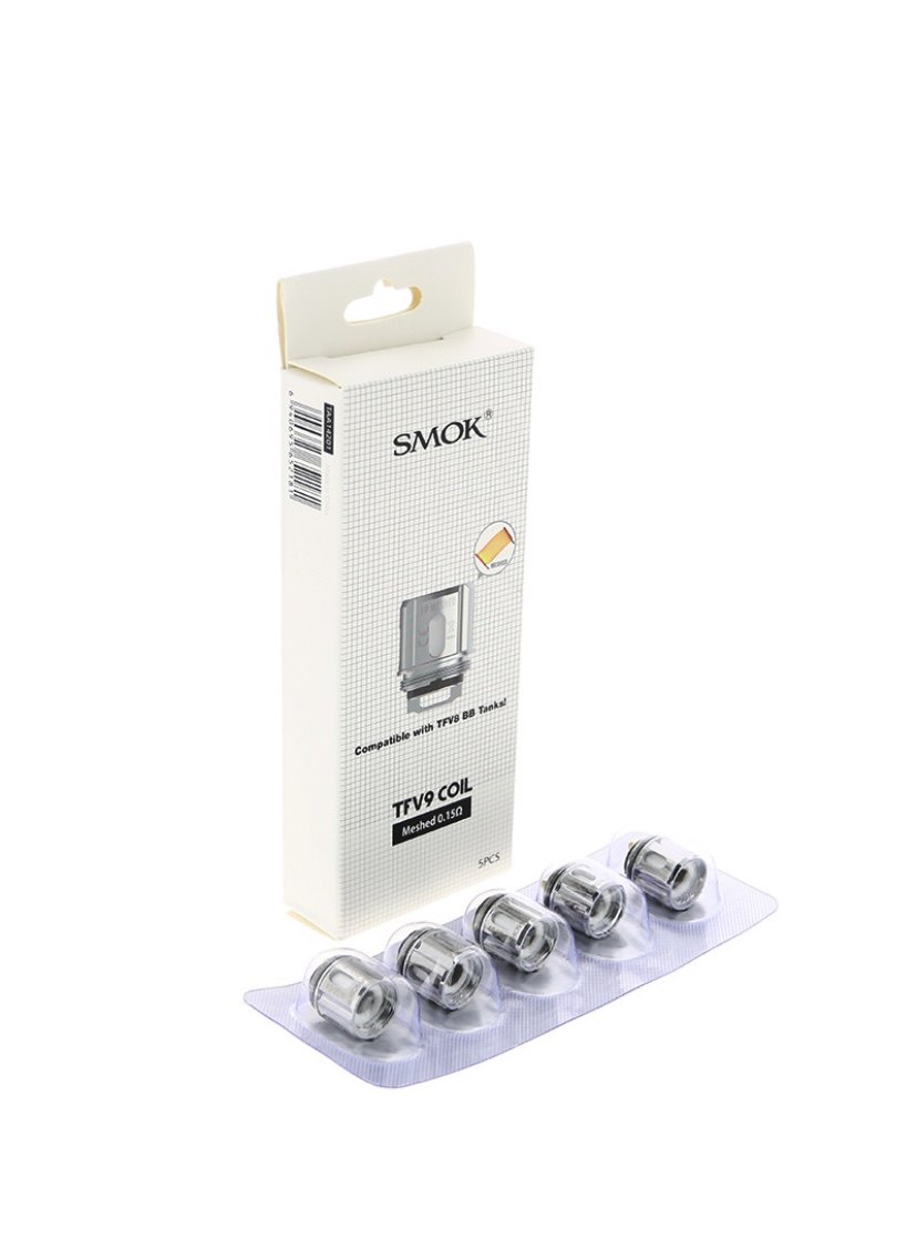 SMOK TFV9 coil pack with five mesh coils beside the packaging box