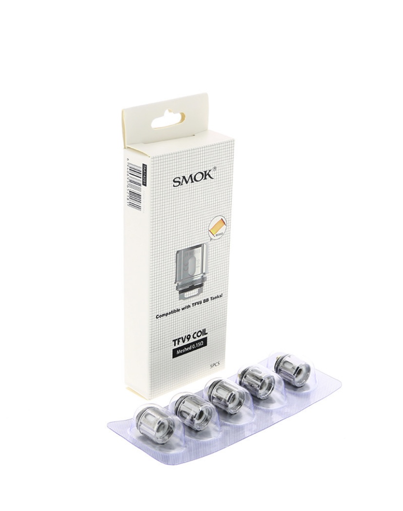 SMOK TFV9 coil pack: five meshed replacement coils in a clear blister tray beside the white box with product branding.