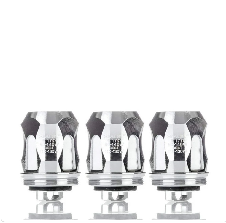 Three SMOK vape coil heads on a white background, chrome finish and reflective surfaces.