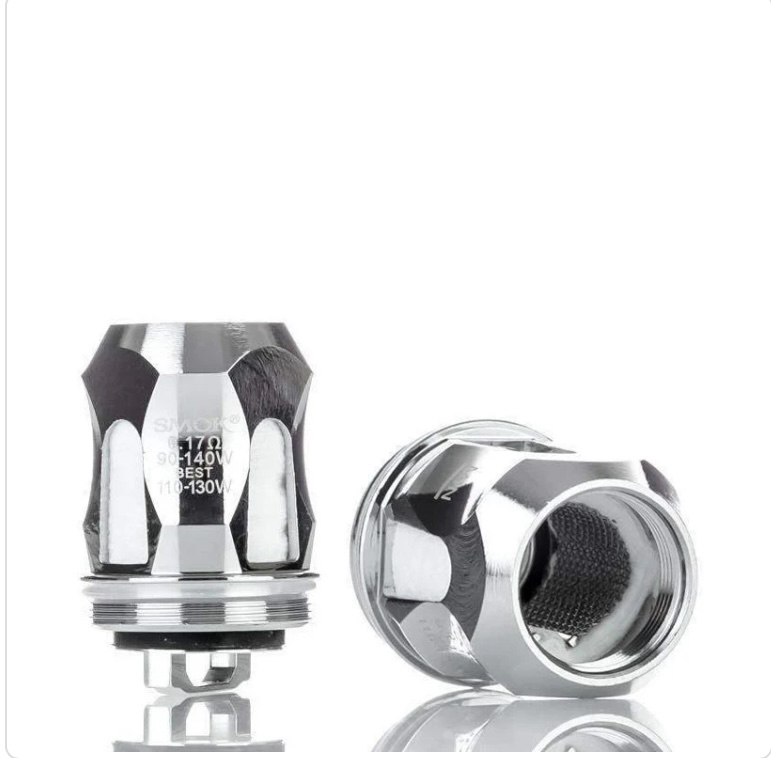 Two chrome vape atomizer parts, a coil head standing upright with a second component laid on its side (disassembled).