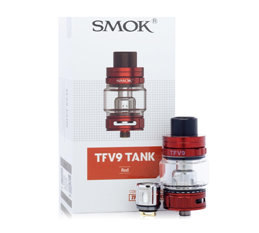 Red Smok Tfv9 Tank Vape Device with Glass Tank and Metal Accents Beside Its Packaging Box Showing Tfv9 Tank Text - Australia E-cigarette Store