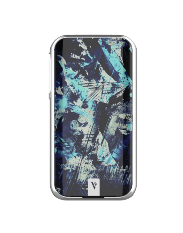 Smartphone with a silver frame and a blue abstract graffiti-style screen design.