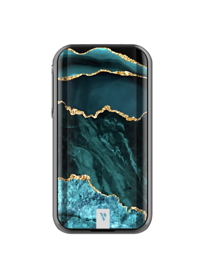 Smartphone in a dark protective case with teal marble wallpaper and gold veins on the screen edge-to-edge.