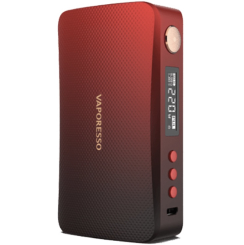 Red and black Vaporesso vape mod with a digital display, three red control buttons, and USB port on the side