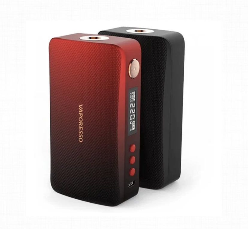 Red Vaporesso vaping device with a textured grip, digital display, and three red control buttons.