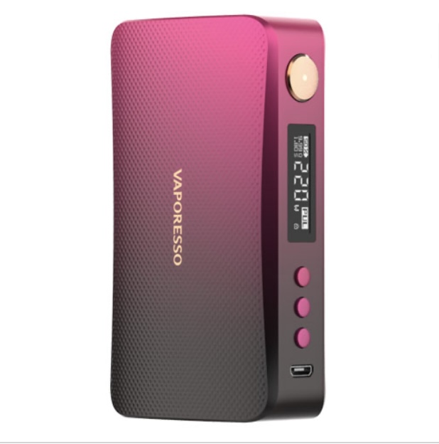 Vaporesso vape mod with pink gradient finish, display screen, and three pink control buttons with USB port.