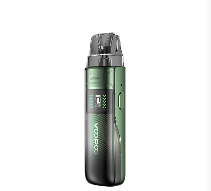 Green and Black Voopoo Vape Pod with a Digital Display on the Front and a Clear Mouthpiece - Australia E-cigarette Store