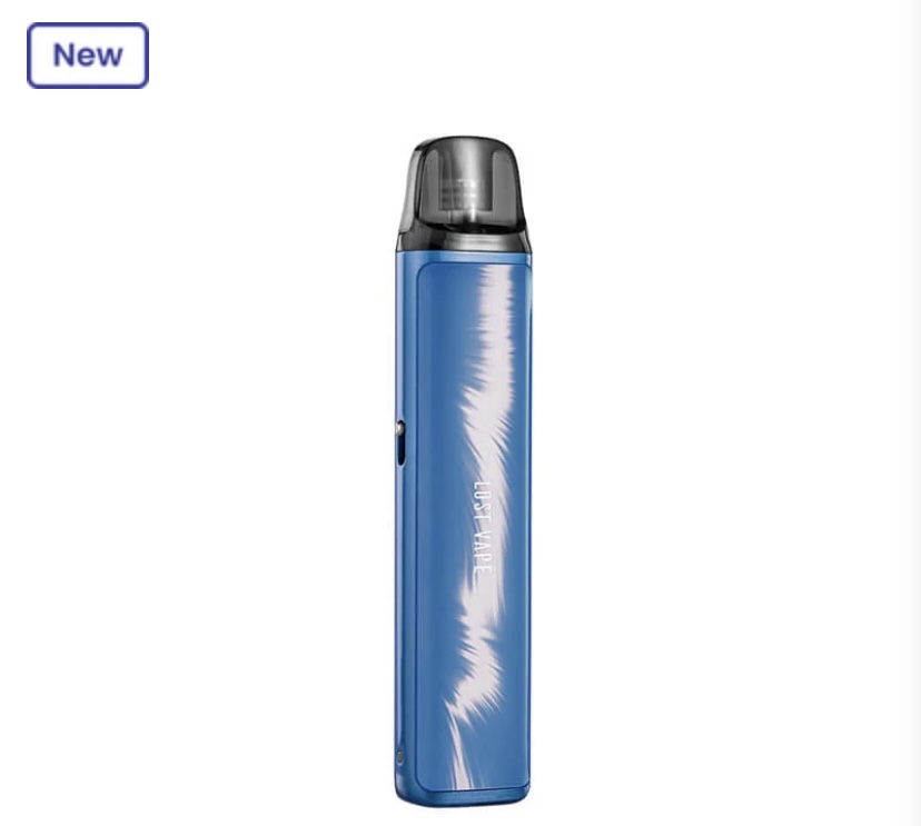 Blue disposable vape pen standing upright with a black mouthpiece; blue body shows a white branding, and a small 'New' badge in the top-left corner.